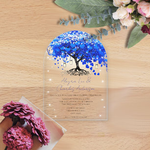 Verzauberte Märchenblaue Herzblatt-Baum-Hochzeit Acryleinladungen