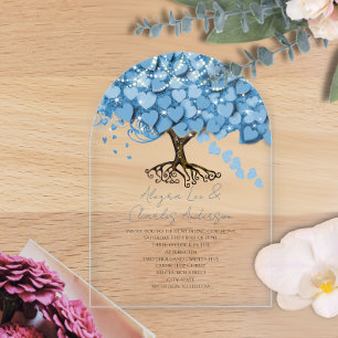 Verzauberte Märchenblaue Herzblatt-Baum-Hochzeit Acryleinladungen