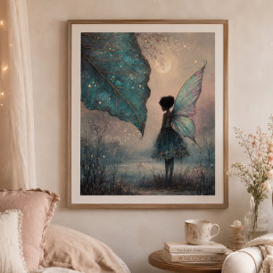 Verzauberte mondbeschienene Blatt-Fee Fantasy-Kuns Poster