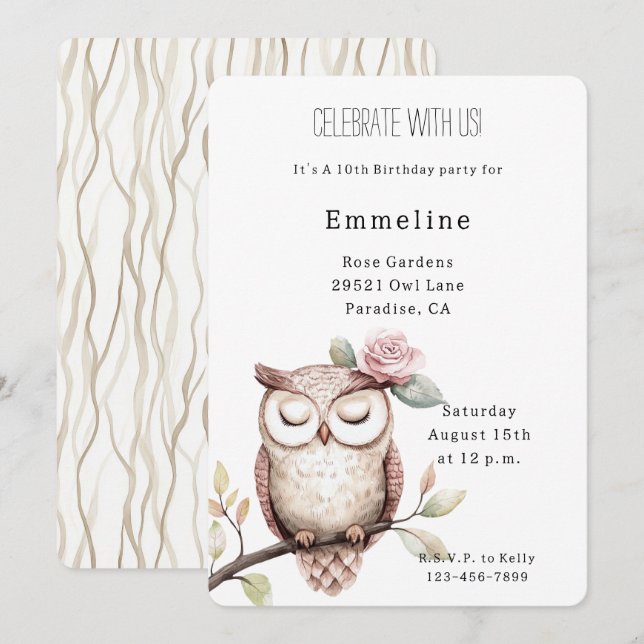 Verzauberte rosa Blume Owl Geburtstag Einladung (Vorne/Hinten)