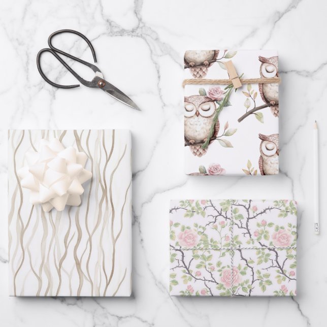 Verzauberte rosa Blume Owl Geburtstag Geschenkpapier Set (Vorderseite)