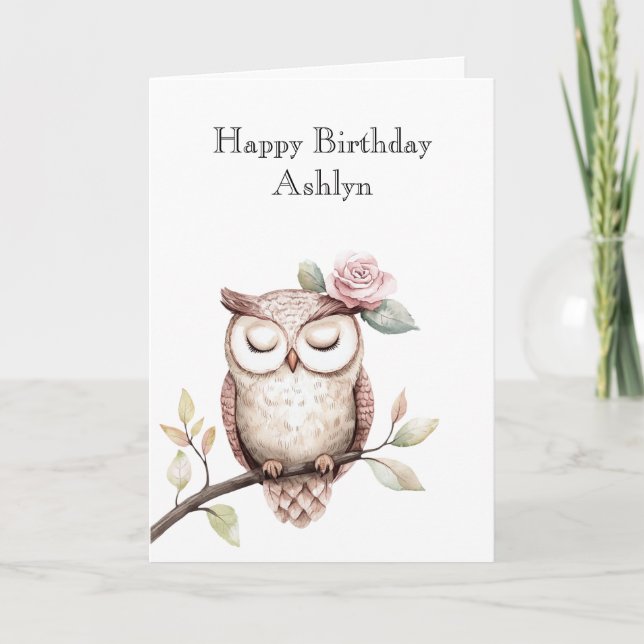 Verzauberte rosa Blume Owl Geburtstag Karte (Vorderseite)