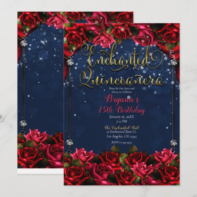 Verzauberte Rose Navy Blue & Gold Quinceñera 15 Einladung (Vorne/Hinten)