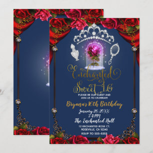 Verzauberte Rose Schönheit Sweet 16 Party Blau Gol Einladung