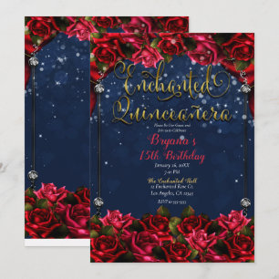 Verzauberte Rosen Navy Blau & Gold Quinceañera 15 Einladung