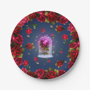 Verzauberte Rote Rose & Diamant Bling Elegantes Pa Pappteller