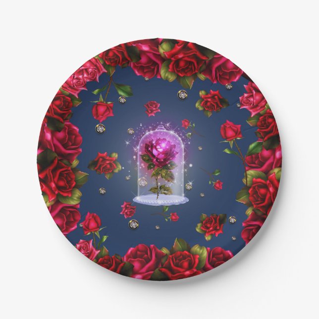 Verzauberte Rote Rose & Diamant Bling Elegantes Pa Pappteller (Vorderseite)