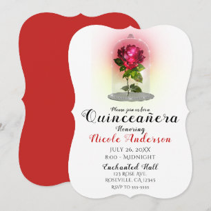 Verzauberte Rote Rose Funkelnd Quinceañera Party Einladung
