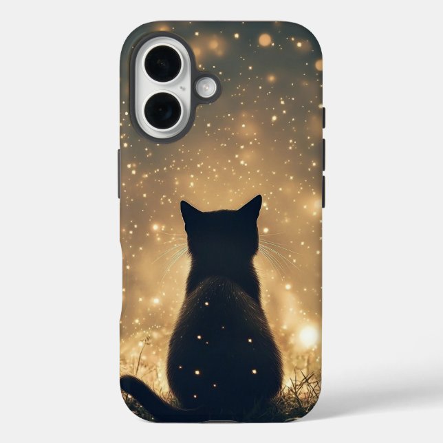Verzauberte schwarze Katze mit Feuerwerk iPhone 16 Hülle (Rückseite)