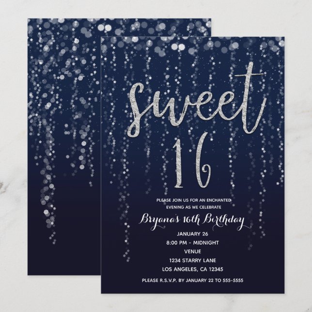 Verzauberte Star Lights Silver & Blue Sweet 16 Par Einladung (Vorne/Hinten)