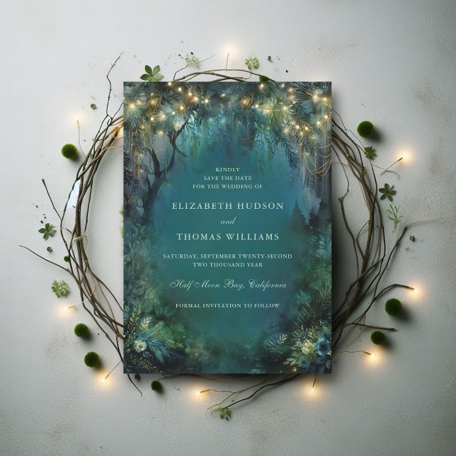 Verzauberte Wald-Fee-Lichter Waldhochzeit Save The Date (enchanted forest woodland wedding save the date card emerald gold magic fairy tale)