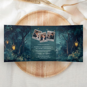 Verzauberte Waldlaternen Foto QR Code Hochzeit Dreifach Gefaltete Einladung