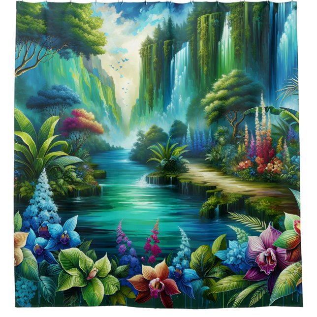 "Verzauberte Wasserfall-Oase" Duschvorhang (Vorderseite)