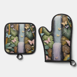 Verzauberte Wasserfall-Oase Ofenhandschuh & Topflappen-Set