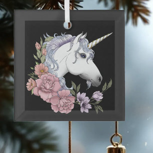 Verzauberte weiße Einhorn-Blumen rosa Rosen Ornament Aus Glas