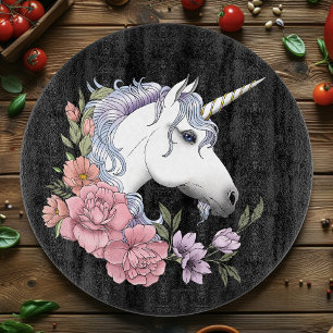 Verzauberte weiße Einhorn-Blumen Rosa Schwarz Schneidebrett
