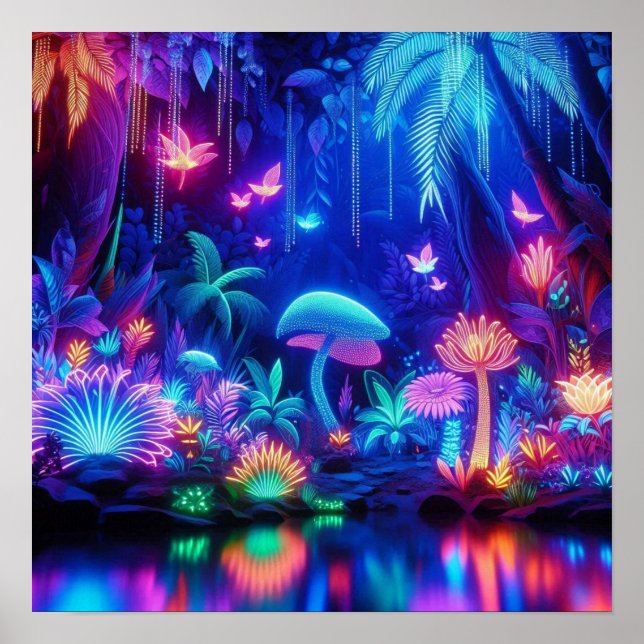 Verzauberter Biolumineszenter Tropischer Neonwald Poster (Vorne)