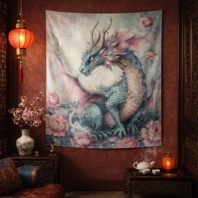 Verzauberter Drache mit Rosen Wandteppich (Von Creator hochgeladen)