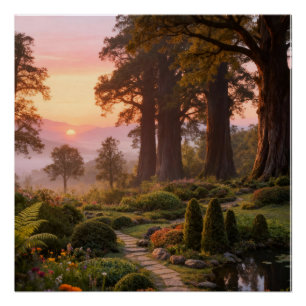 Verzauberter Garten bei Morgendämmerung Majestätis Poster