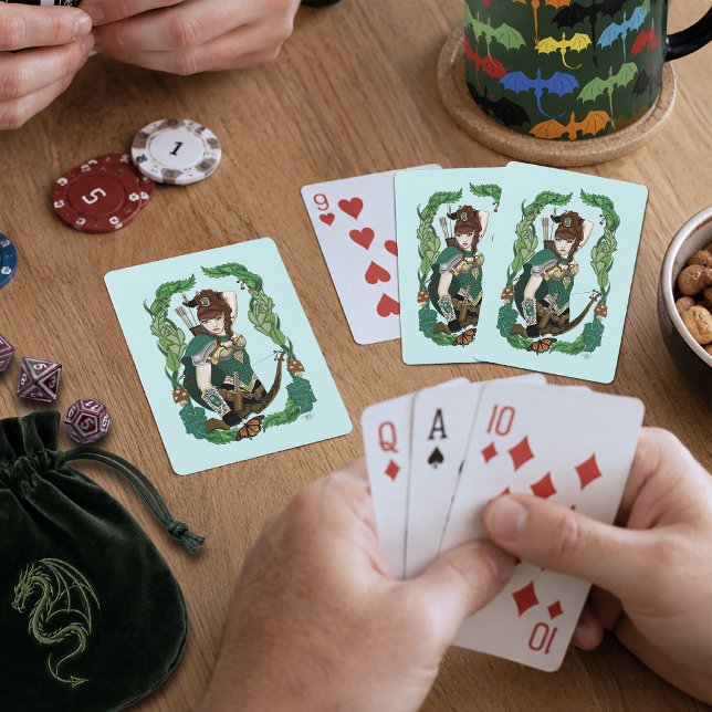 Verzauberter grüner Fantasy-Waldland-Bogenschütze- Spielkarten (Von Creator hochgeladen)
