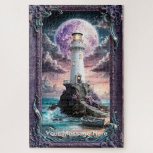Verzauberter lila Mond Leuchtturm am Meer