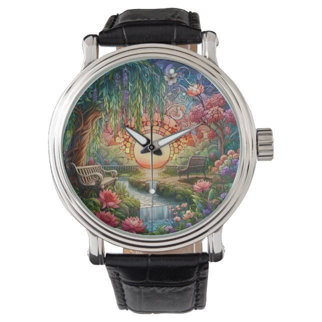 Verzauberter Park gesteinigtes Glas-Mosaik Armbanduhr (Vorderseite)
