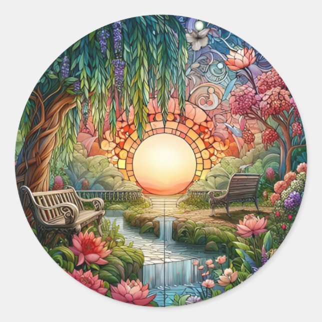 Verzauberter Park gesteinigtes Glas-Mosaik Runder Aufkleber (Vorderseite)