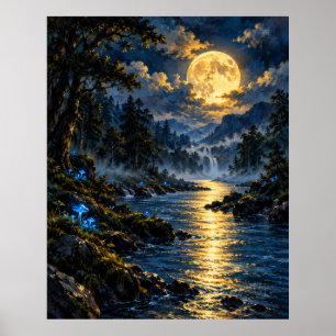Verzauberter Pilzfluss - Mondnacht Poster
