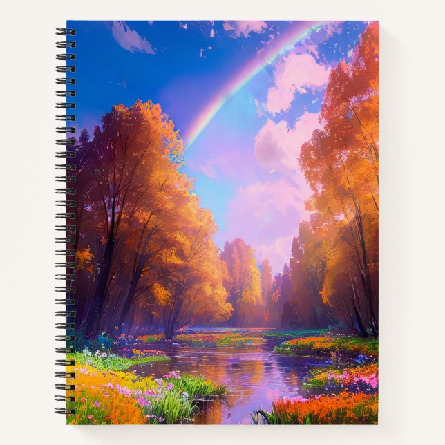 Verzauberter Regenbogen über dem Nebelwald Notizbuch (Vorderseite)