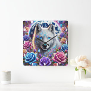 Verzauberter Rose Wolf Quadratische Wanduhr