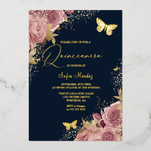 Verzauberter Schmetterling Quinceanera Party Navy  Folieneinladung