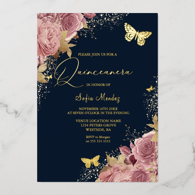 Verzauberter Schmetterling Quinceanera Party Navy  Folieneinladung (Vorderseite)