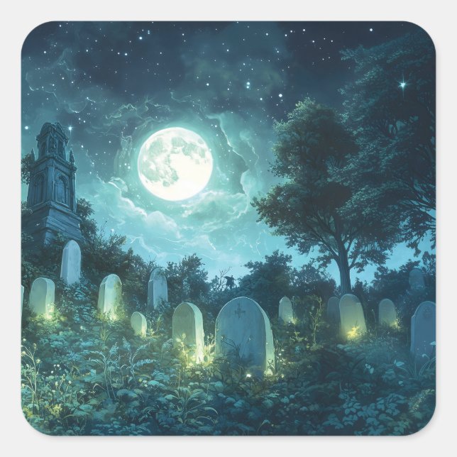 Verzauberter spukhafter Friedhof Quadratischer Aufkleber (Vorderseite)
