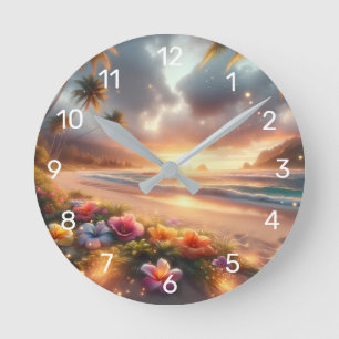 Verzauberter tropischer Strand mit magischem Hibis Runde Wanduhr