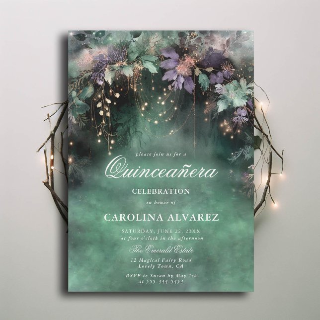 Verzauberter Wald Fairy Magic Lavender Qinceanera Einladung (enchanted forest theme quinceanera gold vines lavender pink emerald green elegant classy)