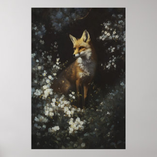 Verzauberter Wald Fuchs Weiße Wildblumen Kunst Poster