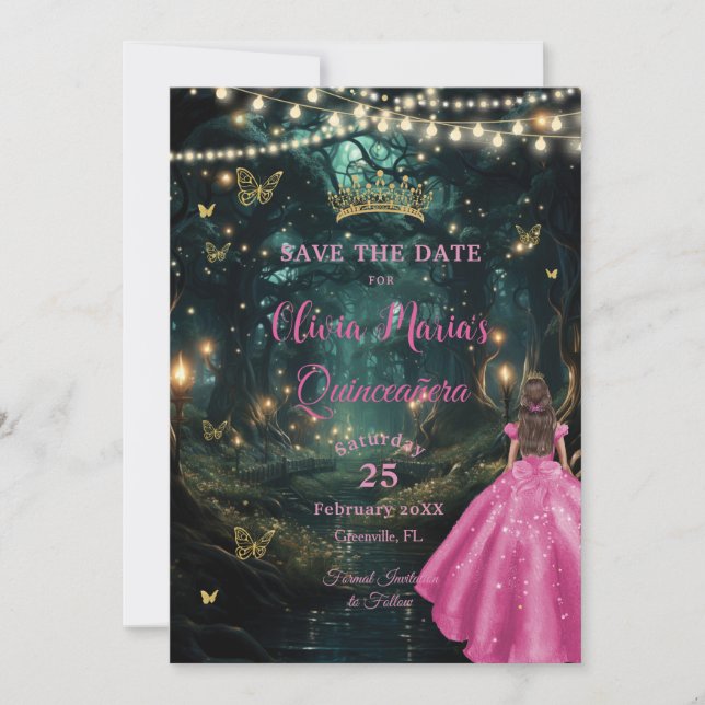 Verzauberter Wald Fuchsia Rosa Kleid Quinceañera 1 Save The Date (Vorderseite)