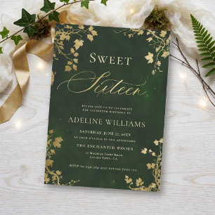 Verzauberter Wald Grün Gold Modern Sweet 16 Einladung