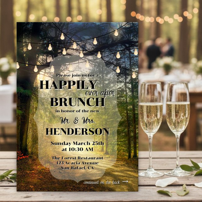 Verzauberter Wald Happily Ever After Brunch Einladung (Happily Ever After wedding brunch invitation showing an enchanted forest with festive string lights)