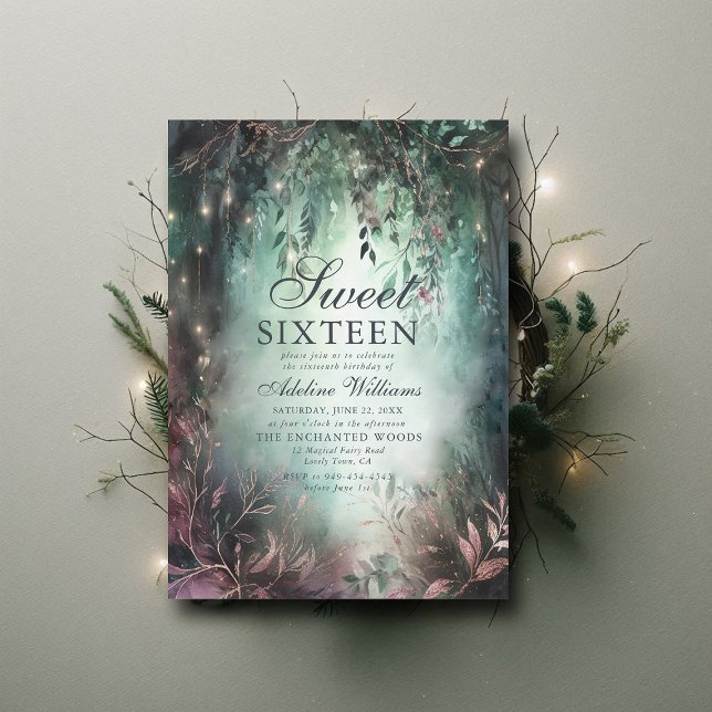 Verzauberter Wald Magische Kalligrafie Chic Sweet  Einladung (enchanted forest sweet 16 birthday invitation moody emerald dripping lights watercolor calligraphy)