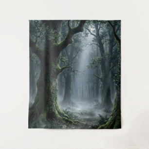 Verzauberter Wald   Nebelgrüne Fantasy-Wandteppich Wandteppich