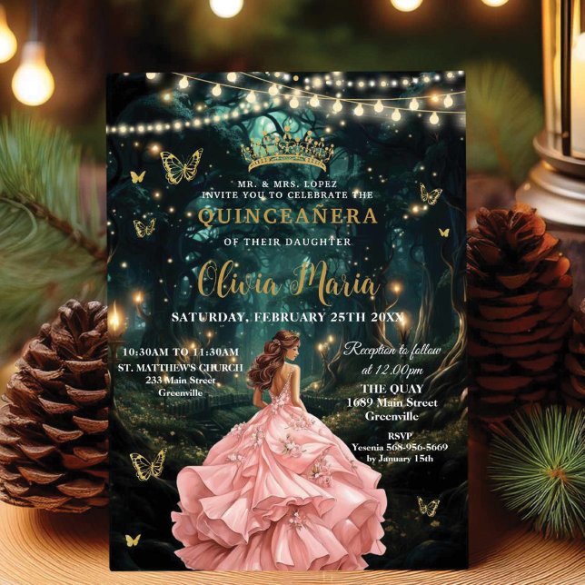 Verzauberter Wald Rosa Rosa Kleid Quinceañera 16 Einladung (Von Creator hochgeladen)