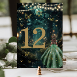 Verzauberter Wald Smaragdgrünes Kleid Bat Mitzvah Tischnummer