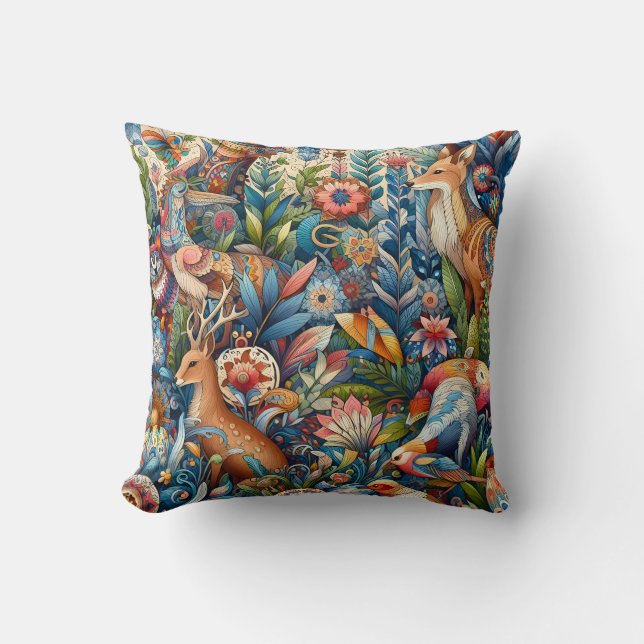 Verzauberter Wald-Tapestry aus Wildnis und Blumen Kissen (Vorderseite)
