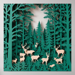Verzauberter Waldhirsch - Papier geschnitten Kunst Poster
