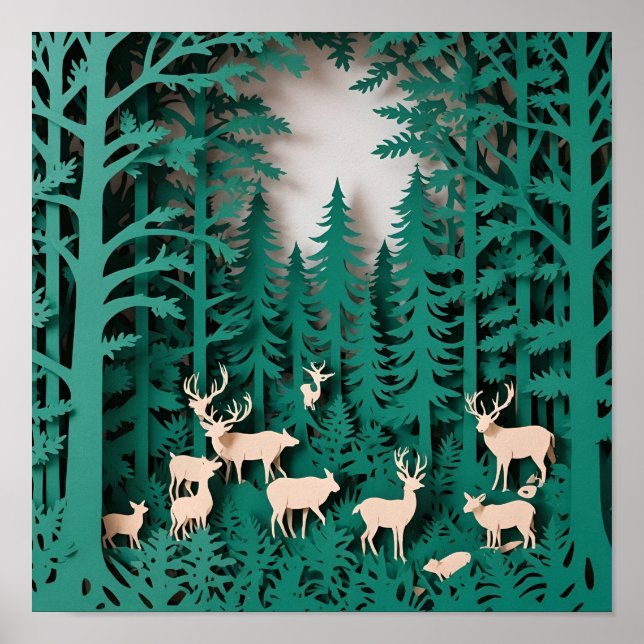 Verzauberter Waldhirsch - Papier geschnitten Kunst Poster (Vorne)
