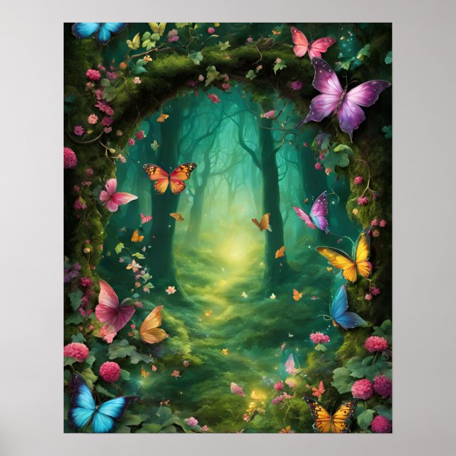 Verzauberter Waldmagic GREEN Schmetterlinge Blume Poster (Vorne)