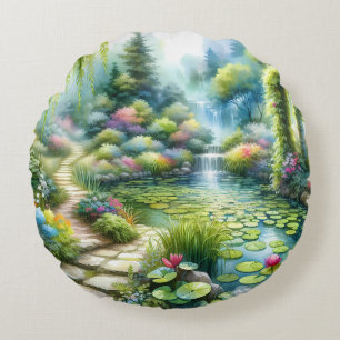 Verzauberter Wasserfallgarten-Lilien-Teich Rundes Kissen
