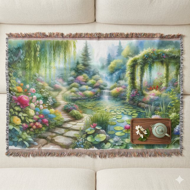 Verzauberter Wasserfallgarten Lilienteich Decke (Enchanted Waterfall Garden Lily Pond Throw Blanket On Floor)