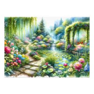 Verzauberter Wasserfallgarten-Lilienteich Fotodruck